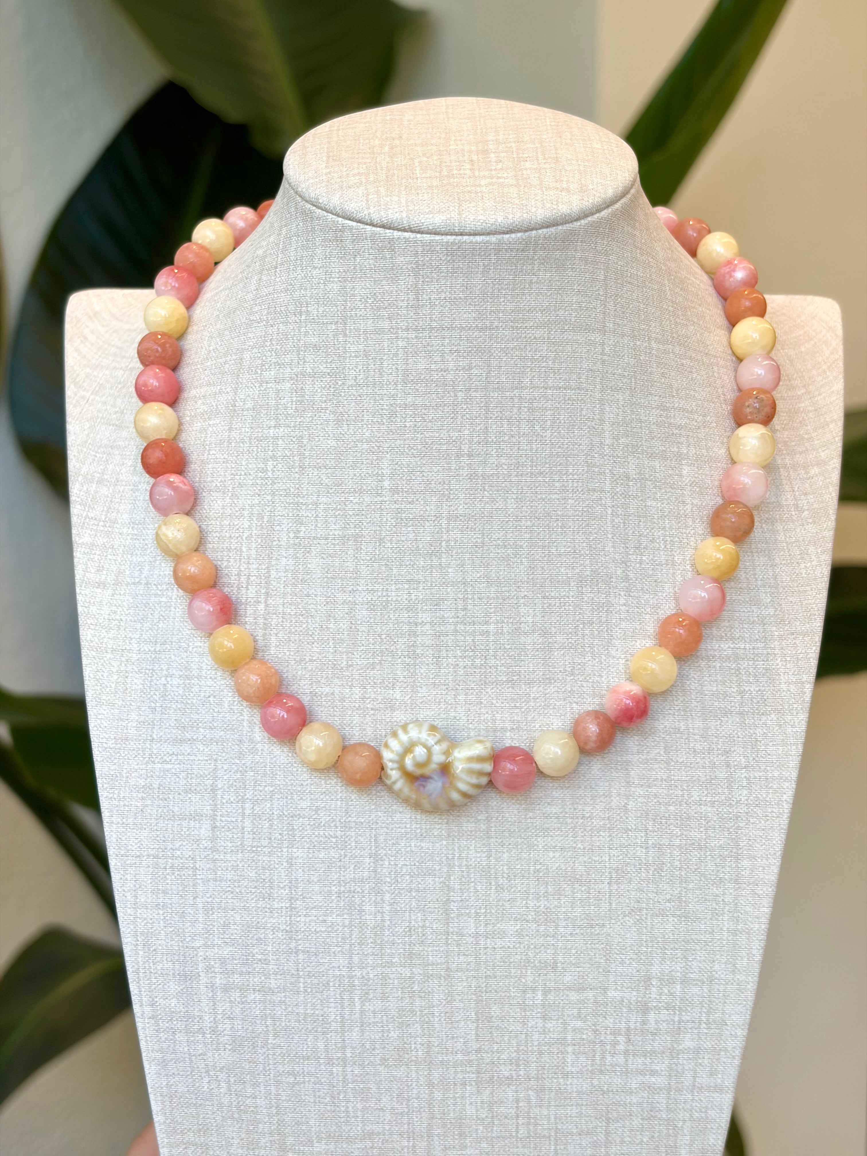 Collier en calcite orange, jade jaune & jade rose